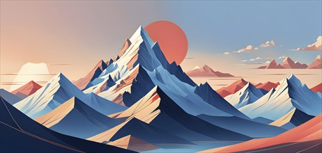 Minimalist landscape with stylized mountains and a setting sun, represented by simple geometric