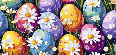 Abstract illustration of of vibrant-colored Easter eggs, surrounded by delicate spring flowers, AI