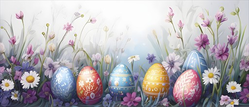 Abstract illustration of of vibrant-colored Easter eggs, surrounded by delicate spring flowers, AI