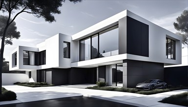 Rendering of a modern real estate residential house in clean geometric forms in black and white, AI