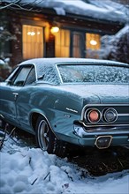 Classic 1960s muscle car, half-buried in snow in a forgotten backyard creating a sense of nostalgia