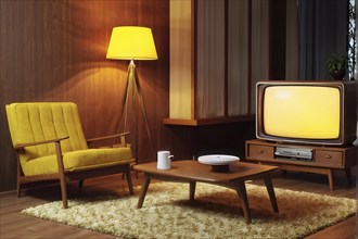 Cozy living room from the 1970s, with a vintage TV set, AI generated