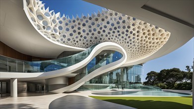 Modern art building design concept showcasing the spiral patterns found in seashells, AI generated