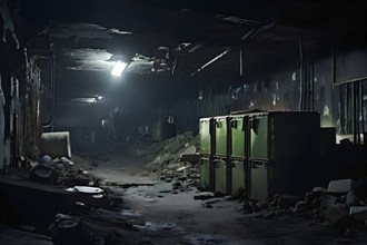 Abandoned underground bunker with radioactive old barrels, AI generated