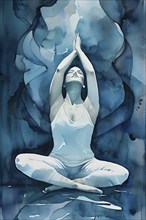 Abstract illustration of a tranquil figure in an asana yoga pose with fluid lines in soothing