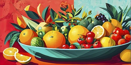 Vibrant illustration of a bowl brimming with a cascade of fresh fruits and vegetables, AI generated