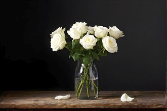 Vase of white roses aligned on an aged oak wood table, AI generated