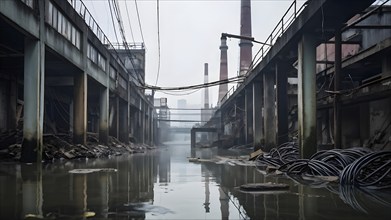 Disjointed remnants of an industrial complex overwhelmed by a massive water flood, AI generated