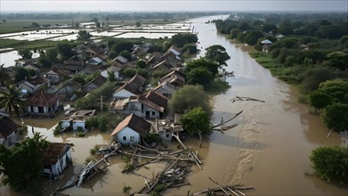 Aerial view showcases the extensive demolition within a village in massive water flood, AI