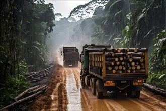 Trucks loaded with freshly cut timber wind through the narrow paths of the diminishing amazon