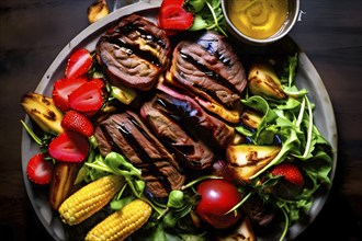 Summer BBQ or picnic food table scene with grilled meat and salads, AI generated