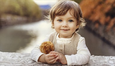 Toddler holding a flower and smiling in front of a river and autumn landscape, AI generated, AI