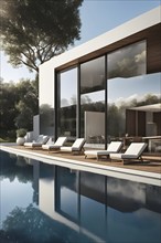 3d render of a modern sustainable house with a swimming pool, AI generated