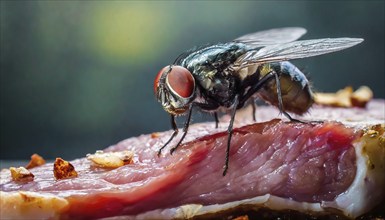 Symbol, animal, insect, close-up of a blowfly on a piece of meat, Calliphoridae, Calliphora vicina,