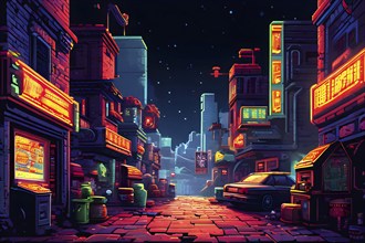 Pixel art illustration of a classic arcade game scene with characters navigating through obstacles,