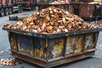 Scrap metal, scrap of stamped copper parts in containers at a scrap yard, recycling company for