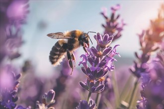 Large earth bumblebee (Bombus terrestris) on a lavender flower (Lavendula), AI generated, AI