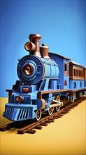 Vintage wooden locomotive toy with a playful design in front of blue background, AI generated