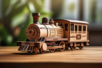 Vintage wooden locomotive toy with a playful design in front of blurred background, AI generated