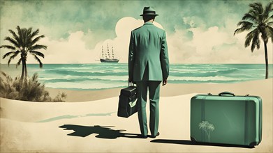 Vintage collage of a tourist with suitcase on a beach symbolizing vacation, AI generated