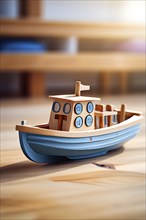 Vintage wooden boat toy with a playful design in front of blurred background, AI generated