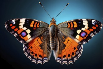 Macro of a small tortoiseshell butterfly (Aglais urticae), highlighting its colorful, textured