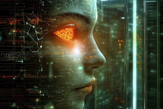 Conceptual symbolism of artificial Intelligence represented by a human face with a glowing orange