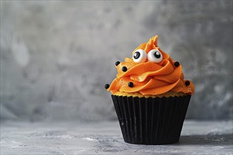 Halloween cupcake with orange colored frosting and funny monster eyes. Generative Ai, AI generated