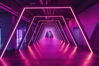 Room with modern futuristic pink glowing neon light lines. Generative ai, AI generated