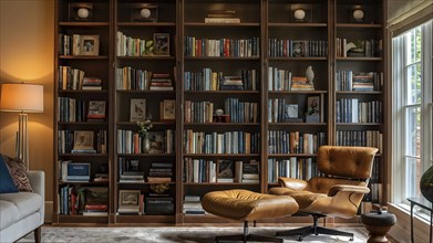 Sophisticated home library with built in bookshelves, AI generated