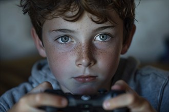 Young boy child playing computer video game with controller in hand. Generative Ai, AI generated