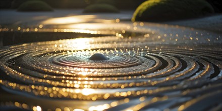 Zen garden bathed in the soft glow of dawn as a serene symbol for relaxation, AI generated