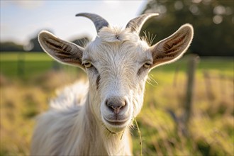 Close up of white goat on sunny meadow. Generative Ai, AI generated