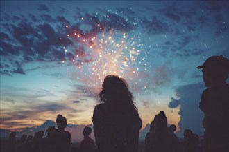 Back view of young people celebrating with fireworks in night sky. Generative Ai, AI generated