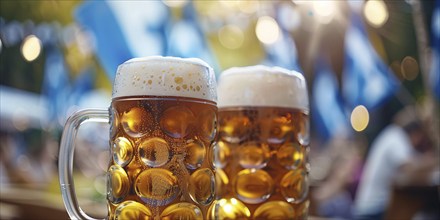 Banner with large beer mugs with blue and white Oktoberfest festival flags in background.