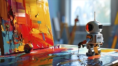 Futuristic robot engaged in painting abstract art, AI generated