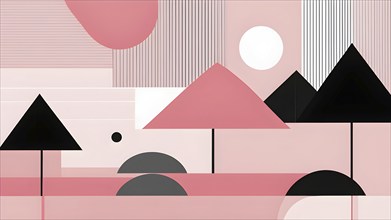 Minimalist illustration abstract geometric shapes with pink color accent suggesting fun and ease,