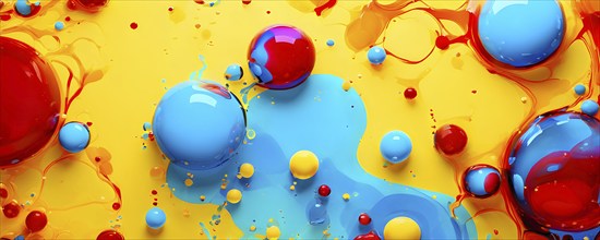 Abstract image with vibrant blue and red blobs and liquid shapes on a yellow background, AI