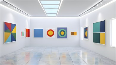 Art gallery with canvas and plastics in a 3D illustration, AI generated