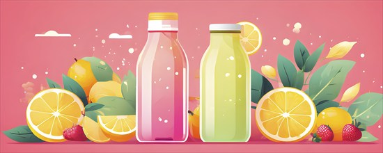 Abstract wallpaper of smoothie surrounded by an assortment of fruits and vegetables, AI generated