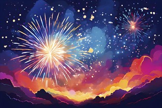 Wallpaper illustration of an explosion of vibrant fireworks colors in a night sky, symbol for happy