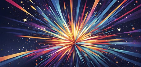 Wallpaper illustration of an explosion of vibrant fireworks colors in a night sky, symbol for happy