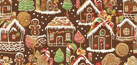 Abstract wallpaper illustration of of gingerbread house decoration, AI generated