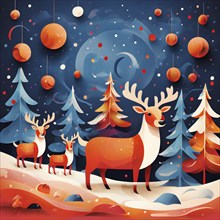 Whimsical abstract scene with stylized reindeer and sleighs to capture the magic of Christmas, AI