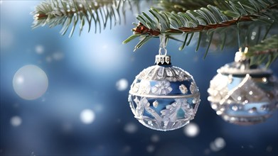 Set of Christmas ornaments hanging on a snow-covered pine tree branch, with frost clinging to the