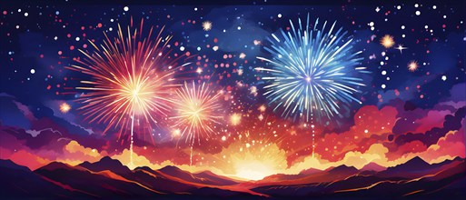 Wallpaper illustration of an explosion of vibrant fireworks colors in a night sky, symbol for happy