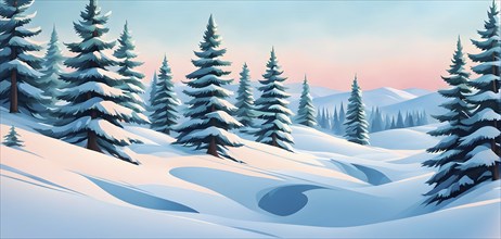 Abstract winter wonderland with minimalist stylized pine trees and snowdrifts using soft pastel