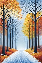 Vibrant depiction wallpaper illustration of trees in transition between autumn and winter, AI