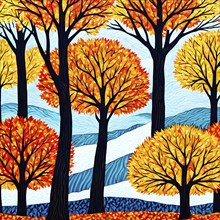 Vibrant depiction wallpaper illustration of trees in transition between autumn and winter, AI