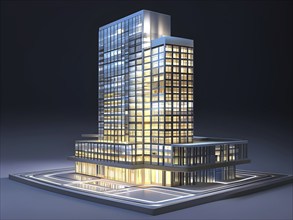 Three dimensional rendering of an illuminated modern high-rise office building, AI generated